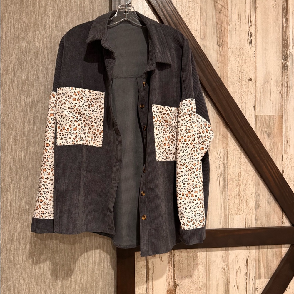 SHEIN Black and Leopard Print Corduroy Shirt